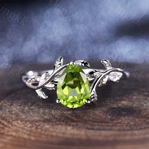 Dainty branch and leaves Peridot ring, Flower on the twig ring, Pear Wild nature ring, Unique peridot ring, Unusual engagement ring for her