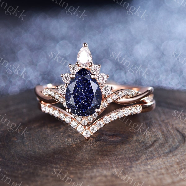 Orion Nebula Ring Set, Matching Promise Rings for Couples, Blue Sandstone Rings Engagement Ring Anniversary Gift.