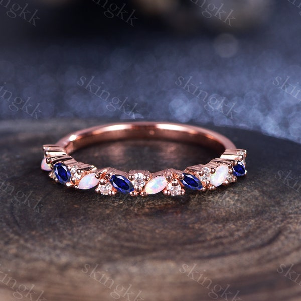 Marquise Sapphire wedding band vintage sapphire ring rose gold Opal antique unique stacking band anniversary promise matching band