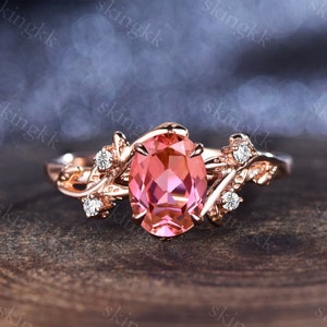 Vintage Padparadscha Sapphire Engagement Ring,Oval Cut Gems,Rose Gold,Wedding Band,Stone Unique Women Bridal Promise Ring,Customized Gifts