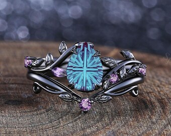 Fireworks Alexandrite Engagement Ring Set Pear Alexandrite Ring Unique Nature Inspired 14K Black Gold Amethyst Cluster Ring Birthstone Ring
