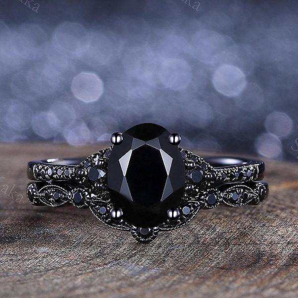 Gothic Black Onyx Engagement Ring Set Black Onyx Stacking Ring Unique Women Bridal Birthstone Wedding Ring Gift For Her Anniversary Gift