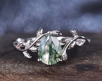Moss Agate Ring Engagement Ring Leaf Ring Vintage & Delicate Ring Pear Shaped 925 Sterling Silver Engagement Branch Ring Personalized Ring