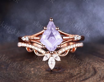 Vintage kite cut Lavender Amethyst engagement ring set 14k rose gold marquise cut moissanite ring for women unique bridal wedding ring set