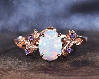 Natural Opal Rose Gold Ring, Amethyst Accent, October Birthstone