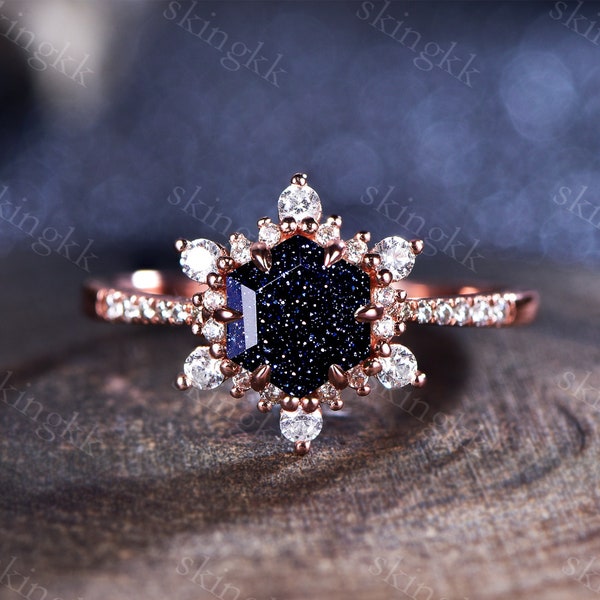 Blue Sandstone Ring Hexagon Galaxy Snowflake Engagement Ring Art Deco Halo Moissanite Ring Blue Galaxy Gemstone Ring Women Anniversary Gift