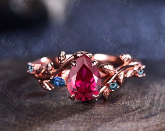 1.6ct Twig Vine Branch Inspired Teardrop Ruby Engagement Ring Sapphire Ring Topaz Ring Rose Flower Floral Rings Unique Birthstone Gifts