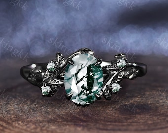 Vintage Oval cut moss agate engagement ring Art deco leaf promise ring Nature inspired Black gold cluster ring Unique Anniversary gifts