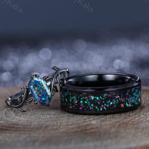 Unique Hexagon Black Opal Couple Ring Vine Leaf Ring Fire Opal Ring His&Hers Matching Wedding Ring Set Engagement Ring Men&#39;s Tungsten Ring