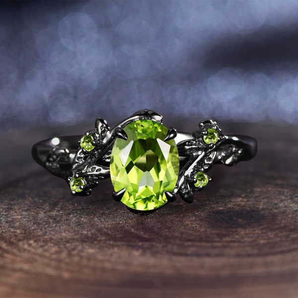 Vintage Peridot Engagement Ring,Oval Cut Gems,black gold, Wedding Band,Stone Unique Women Bridal Promise Ring,Customized Gift,Gifts for Her