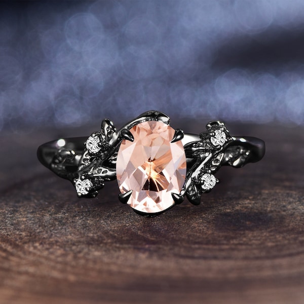 Vintage Morganite Engagement Ring,Oval Cut Gems,Black gold, Wedding Band,Unique Women Bridal Promise Ring,Customized Gift,Gifts for Her