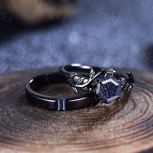 Couples ring set Blue Sandstone ring twig ring for men and women His and Hers wedding band Promise Stacking Matching Band Retro Vintage Gift