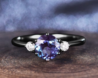 Vintage Alexandrite  Engagement Ring,Black Gold,Round Gems,Deco Moissanite Wedding Band,3 Stone Unique Women Bridal Promise Ring,Customized