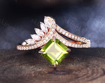 Vintage Princess Cut Peridot Engagement Ring, 14k Rose Gold, Moissanite Ring