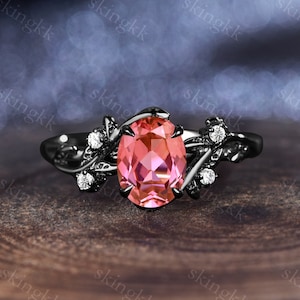 Vintage Padparadscha Sapphire Engagement Ring,Oval Cut Gems,Black Gold,Wedding Band,Stone Unique Women Bridal Promise Ring,Customized Gifts