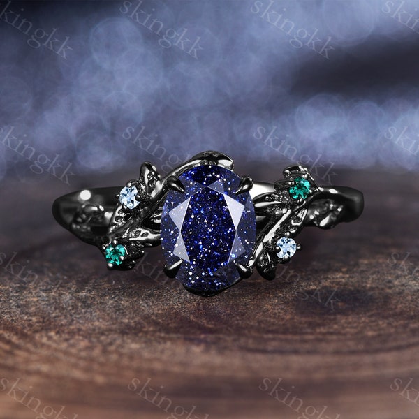 Vintage Blue Sandstone Engagement Ring,Oval Cut Gems,Aquamarine Ring, Emerald Ring, black gold,Wedding Band,Unique Women Bridal Promise Ring