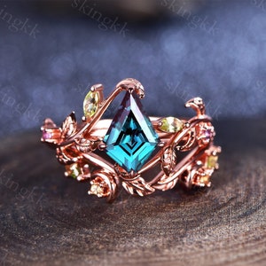 Vintage kite cut Alexandrite engagement ring set 14k rose gold marquise cut Peridot Amethyst ring for women unique leaf wedding ring