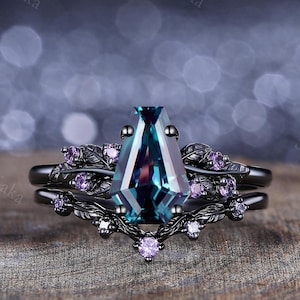Gothic Coffin Alexandrite Engagement Ring Set Alexandrite Stacking Wedding Ring Vine Leaf Ring Women Bridal Promise Band Anniversary Gift