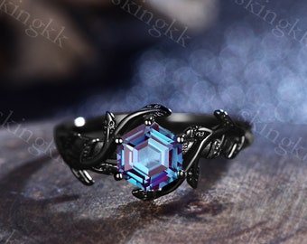 Vintage Alexandrite Ring,24k Black Gold Vermeil, Engagement Ring, Hexagon Ring, June Birthstone ring, Anniversary Gift for Her, promise ring