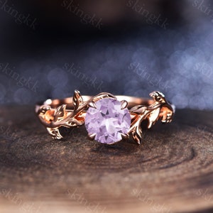 Vintage Round Lavender Amethyst Engagement Ring 14K Rose Gold Unique Leaf Design Ring For Her Deco Leaf Gemstone Branch Nature Inspired Ring