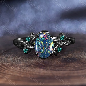 Black Gold Natural Black Opal Ring Black Opal Ring Emerald Ring Black Fire Opal Ring Oval Black Opal Ring- October Birthstone Ring