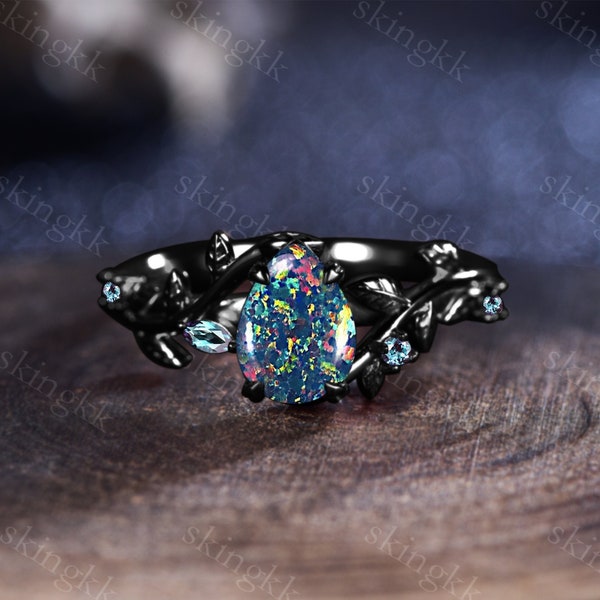 Black Gold Natural Black Opal Ring Black Opal Ring Fire Opal Ring Black Fire Opal Ring Pear Black Opal Ring- October Birthstone Ring