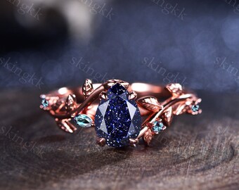 Blue Sandstone Teardrop Engagement Ring, Nature Inspired Floral