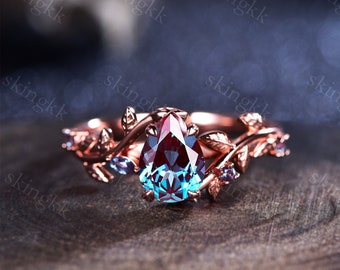 1.6ct Zweig Rebe Zweig Natur inspiriert Teardrop Alexandrit Verlobungsring Rose Blume Floral Amethyst Ringe Einzigartige Juni Birthstone Geschenke