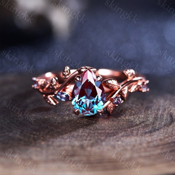 Bague de fiançailles en alexandrite en forme de larme inspirée de la nature, rameau de brindille de 1,6 carat, bagues en améthyste florale rose, cadeaux de pierre de naissance uniques en juin