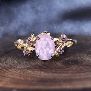 Vintage Oval Lavender Amethyst Engagement Ring Unique Cluster Promise Ring For Her Gold Art Deco Leaf Gemstone Branch Nature Inspired Ring