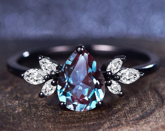 Vintage Pear Alexandrite Engagement Ring, Black Rhodium Floral Promise Ring