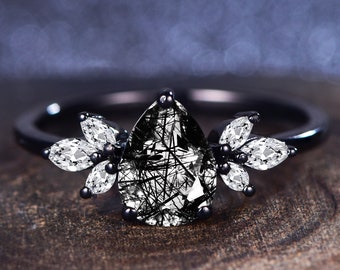 Vintage Pear Black Rutilated Quartz Engagement Ring, Floral Witchy Promise Ring