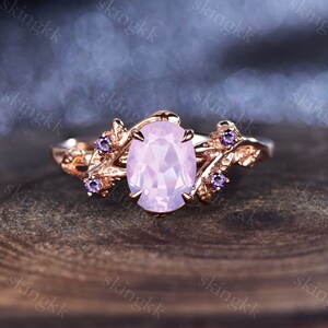 Vintage Oval Lavender Amethyst Engagement Ring Unique Cluster Promise Ring For Her Rose Gold Deco Leaf Gemstone Branch Nature Inspired Ring