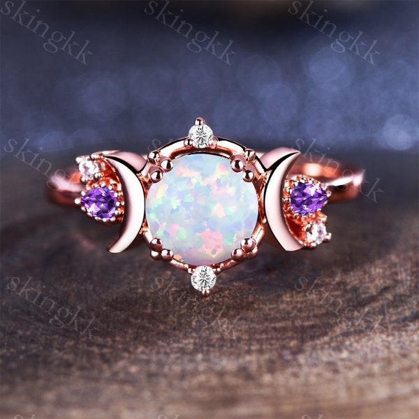 Star Moon Ring Natural Opal Ring 14K Rose Gold Alexandrite Ring Amethyst Ring Round Opal Ring- October Birthstone Ring Gifts for Her