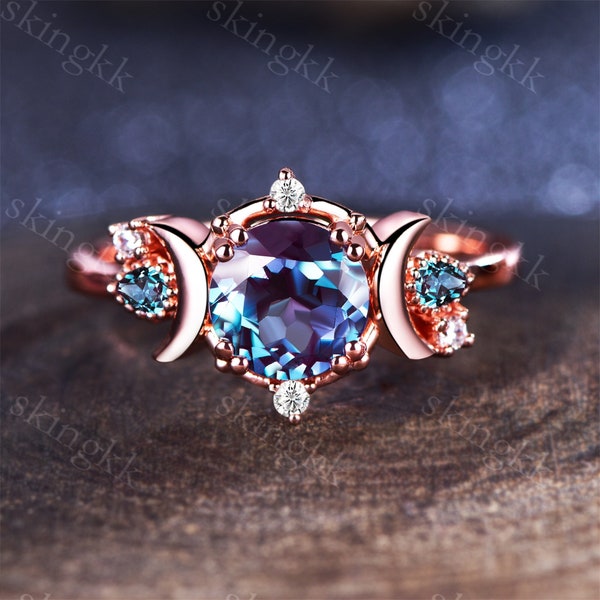 Nature Inspired Color-Change Alexandrite Amethyst Engagement Ring Moon Star Design Round Alexandrite Ring Branch Leaf Amethyst Wedding Ring