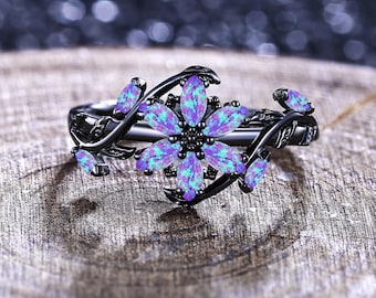 Marquise Lavender Purple Opal Wedding Band Unique Nature Flowers Design Birthstone Bridal Ring Black Gold Fire Opal Engagement Ring Custom