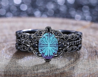 Fireworks Alexandrite Engagement Ring Set Vintage Oval Cut Alexandrite Ring Gothic 14K Black Gold Black Onyx Cluster Ring Stacking Rings