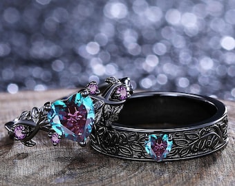 Alexandrite Couple Ring His&Her Matching Wedding Ring Unique Hear-shaped Amethyst Engagement Ring Bridal Ring Set Leaf Vine Twig Design Ring