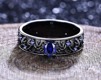 Vintage Blue Sapphire Engagement Ring Men's Promise Ring Unique Nature Inspired Black Gold Sapphire Matching Wedding Ring Anniversary Gift