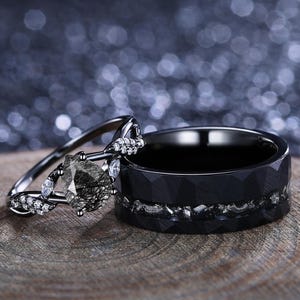 Black Rutilated Quartz Couple Ring His&Her Matching Wedding Band Black Rutilated Quartz Engagement Ring Matching Tungsten Ring Bridal Ring