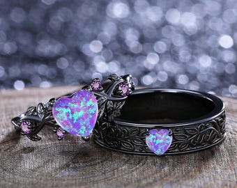 Heart Opal Couple Rings, Leaf Vine Sterling Silver Matching Wedding Set