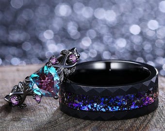 Alexandrite Couple Ring His&Hers Matching Wedding Band Unique Alexandrite and Fire Opal Tungsten Engagement Ring Leaf Design Bridal Ring