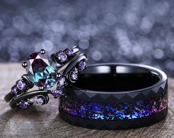 Alexandrite Engagement Ring Set, Fire Opal Tungsten Wedding Band