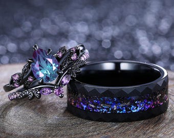 Alexandrite Engagement Ring Set: Leaf Design, Amethyst, Tungsten Wedding Band