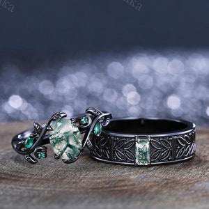 Moss Agate Wedding Couple Rings Moss Agate Engagement Ring Set His And Hers Wedding Ring Set Anniversary Gift Exquisite Commitment Ring