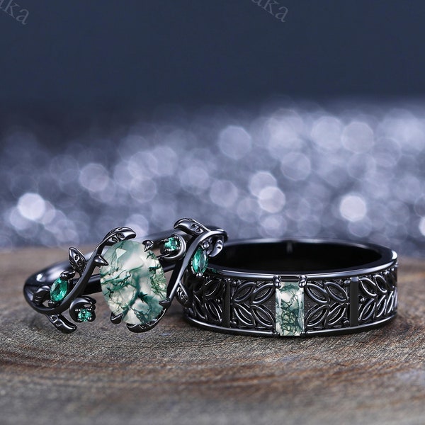 Moss Agate Wedding Couple Rings Moss Agate Engagement Ring Set His And Hers Wedding Ring Set Anniversary Gift Exquisite Commitment Ring