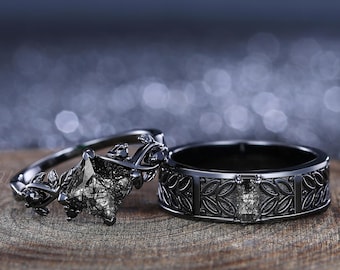 Conjunto de anéis de noivado em quartzo rutilado preto, alianças de casamento góticas, presente de aniversário personalizado