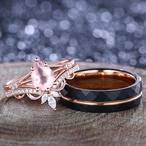 Vintage Pear Rose Quartz Couples Matching Wedding Ring Set Matching Tungsten Ring Engagement Ring Anniversary Gift Stacking Rings For Her