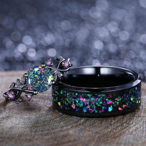 Unique Black Fire Opal Couple Ring Set His&Her Matching Wedding Band Black Opal and Black Opal Tungsten Vermeil Ring Bridal Promise Ring