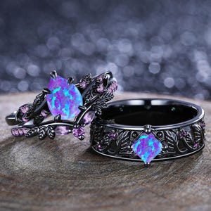Unique Lavender Purple Opal Couple Ring Set His&Her Matching Wedding Ring Set Amethyst Engagement Ring Bridal Promise Band Anniversary Gift